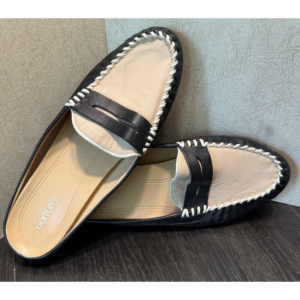 Nurture Bianka Women's Leather Loafer Mule Slide Beige Black White 9.5